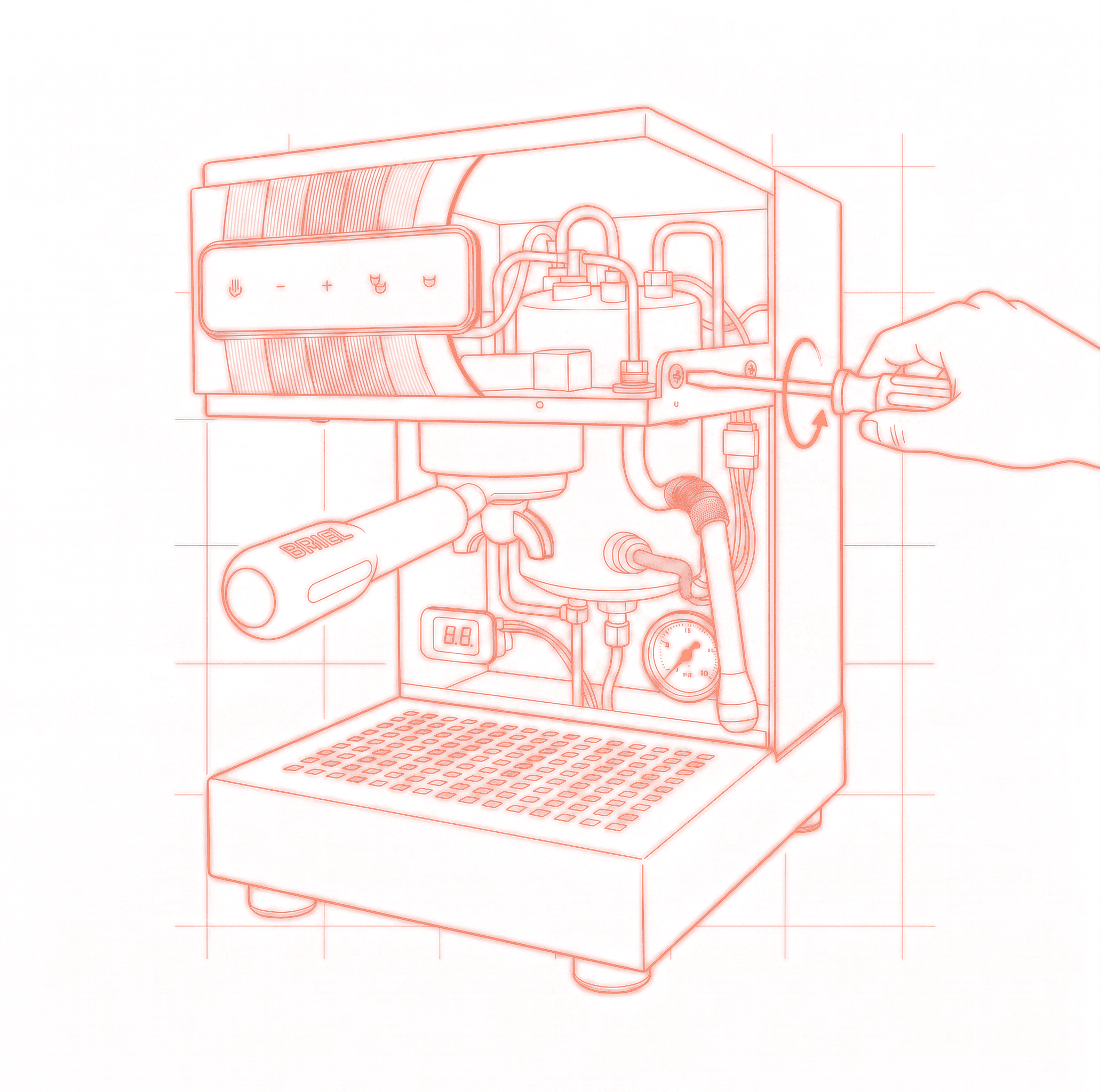 Desenho técnico de uma máquina Briel, com a caldeira principal e a bomba de água identificadas